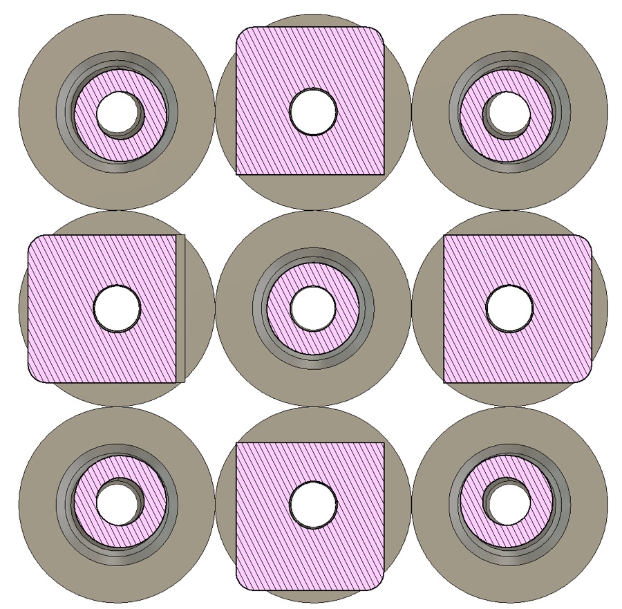 Bottom view of the manifold outlets, with channel diameters colour-coded